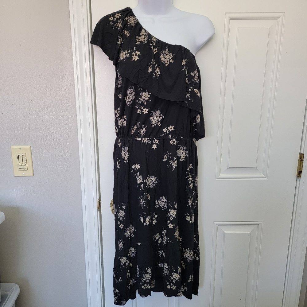 NWT Lucky Brand One Shoulder Ruffled Black Floral Dress Knee Length Size Small - Picture 3 of 13